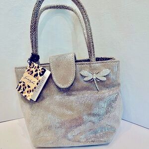 Kenneth Jay Lane metallic silver evening handbag/ purse w rhinestone dragonfly.